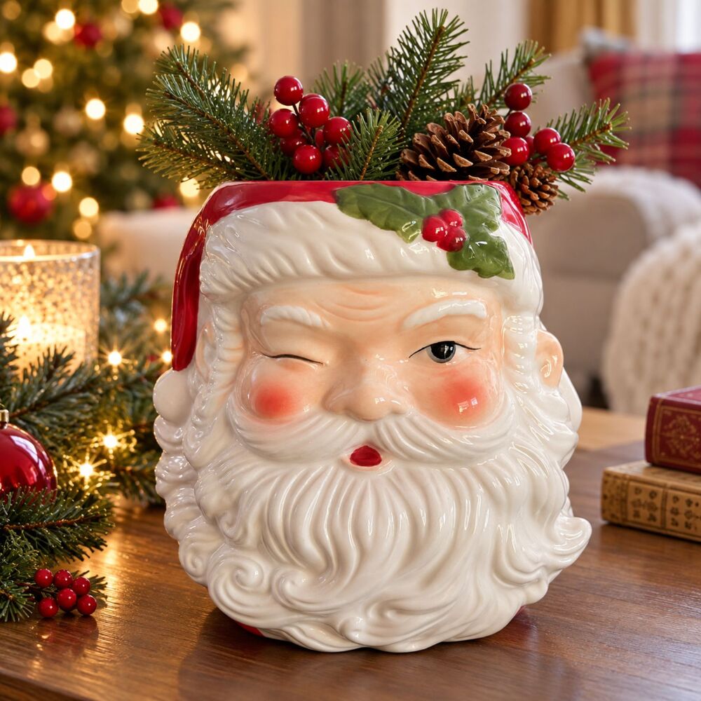 Ceramic 8"H Winking Santa Face Vessel Planter Christmas Holiday Decor Brand New
